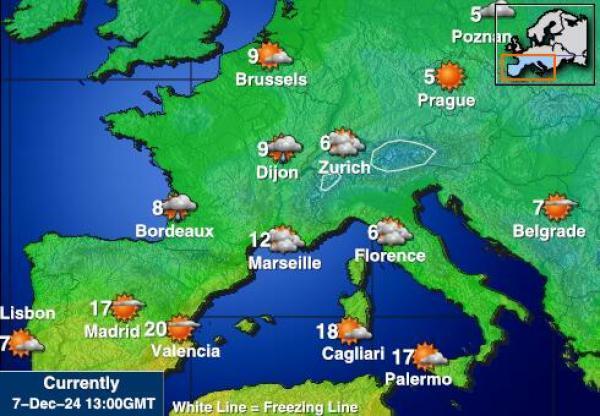 Ranska Sääennuste lämpötila kartalla 
