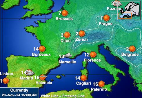 Francja Prognoza pogody temperaturę na mapie 