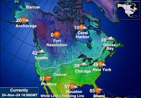 Sjeverna Amerika Vremenska prognoza, temperatura, karta 