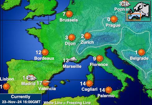 Hiszpania Prognoza pogody temperaturę na mapie 